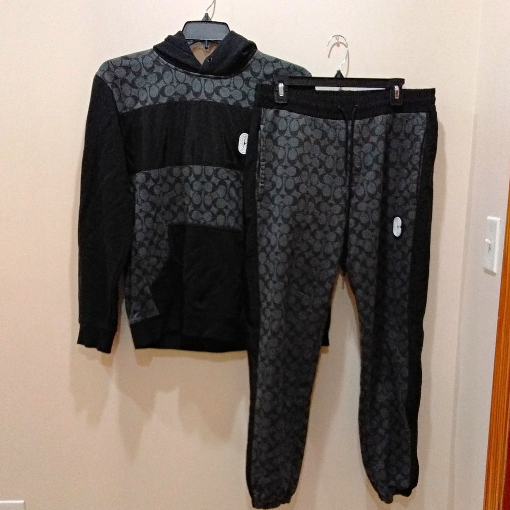 Coach Men's Logo Knit Sweatsuit Hoodie & Pants Pockets Drawstring M